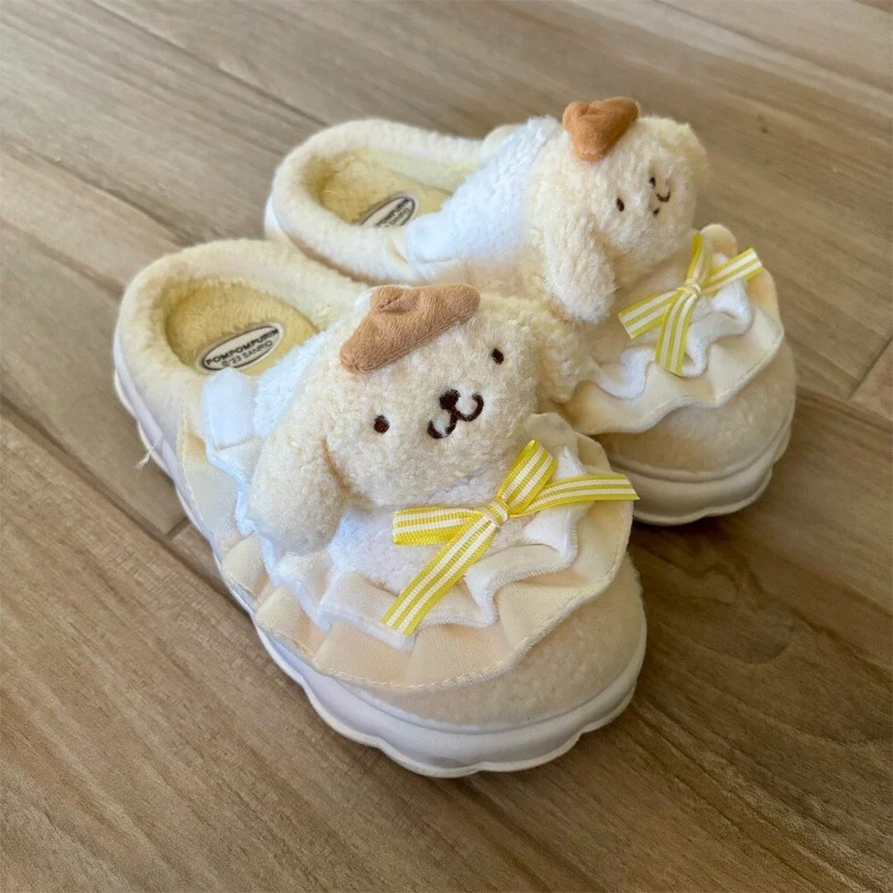 Sanrio Pompompurin Plush Mule Slippers Beige Bow Ruffle Womens US 6 EU